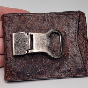 Nocona Double Bifold Money Clip Brown Leather Ostrich Print Wallet Bottle Opener